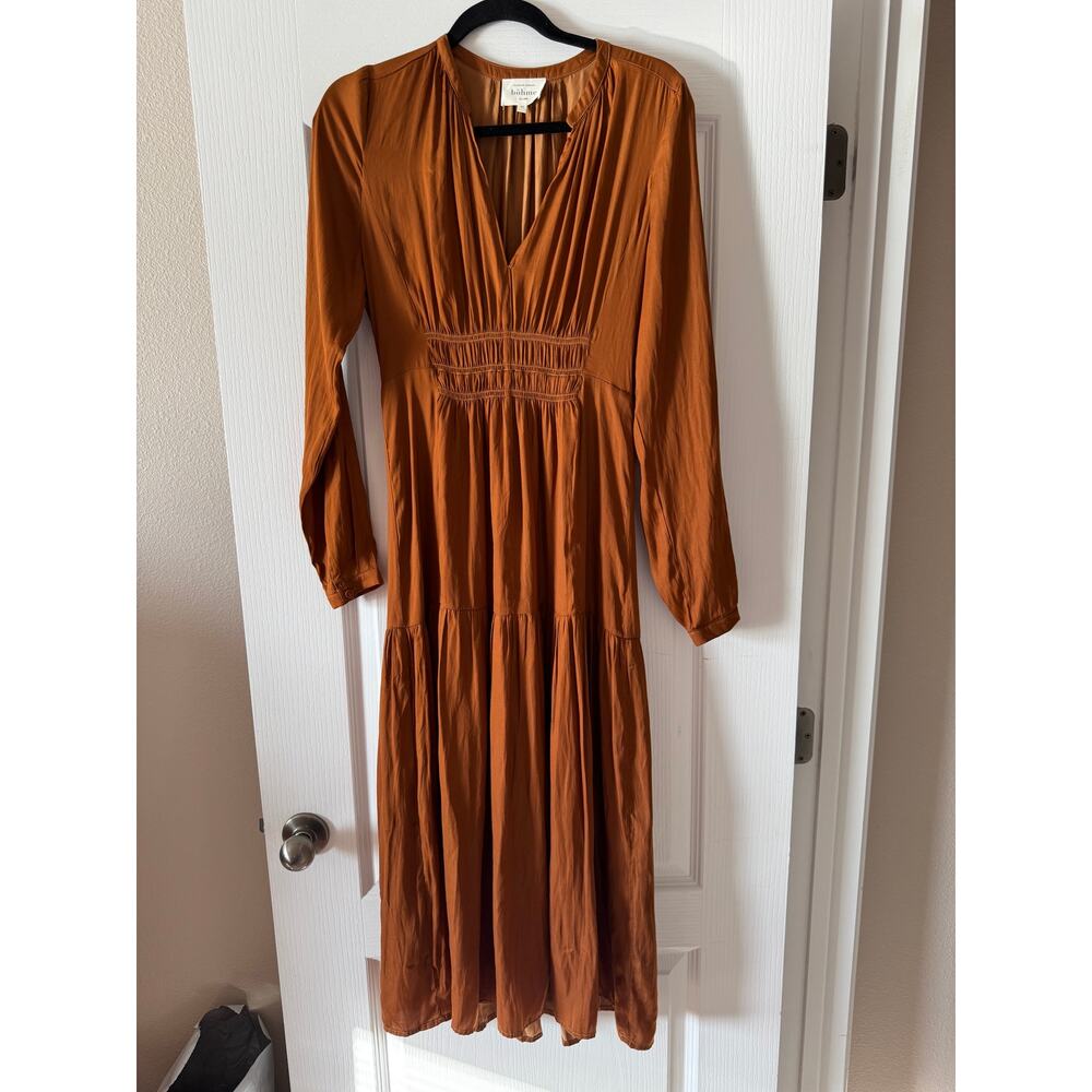 Böhme Copper Rust Long Sleeve Dress with Tiered and Lined Skirt Medium